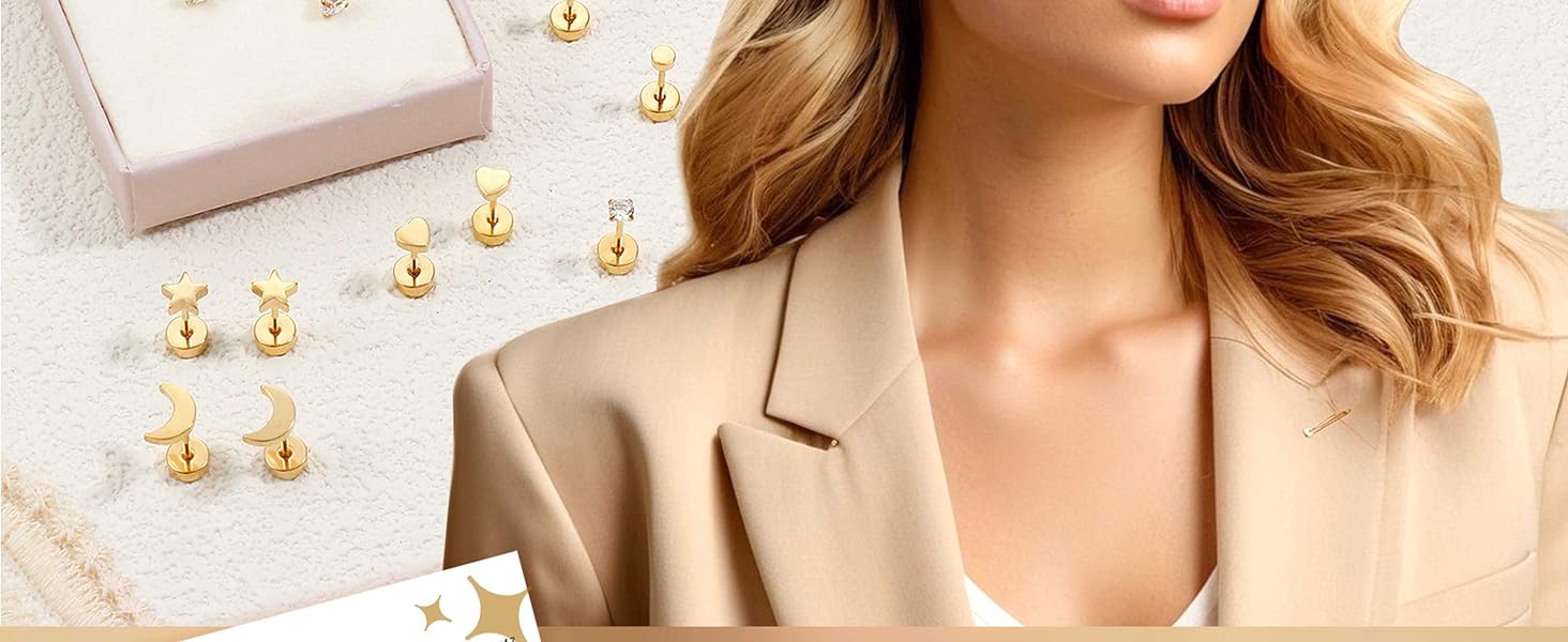 Jstyle Hypoallergenic Surgical Steel Earrings for Sensitive Ears Flat Back Stud Earrings for Women Small Stainless Steel Stud Hoop Screw Back Cartilage Earring Set for Multiple Piercing