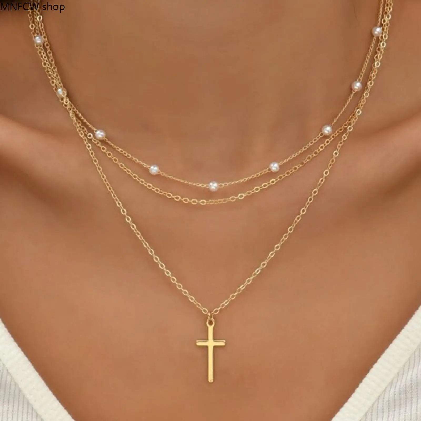 Retro Layered Gold Necklace for Women with Cross and Artificial Pearl Pendants, Casual Chic Clavicle Chain for Daily Wear, Female, Cross Pendant, Clavicle Length, Layered Chain