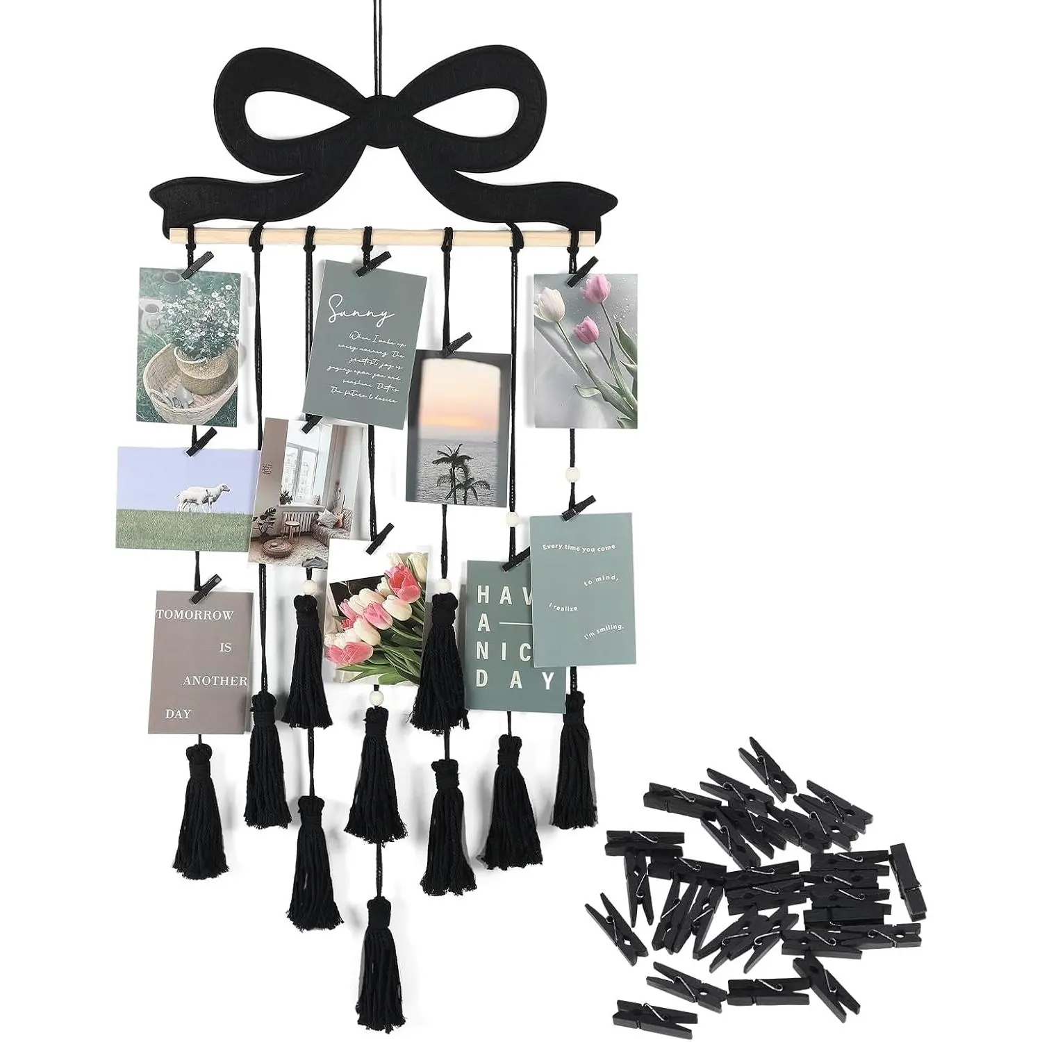 Black Bow  Photo Display Wall Decor Black Macrame Wall   Picture Frame Collage Holder with 30 Clips Teen Girls Gifts for Room Bedroom Wedding Christmas Party Decor