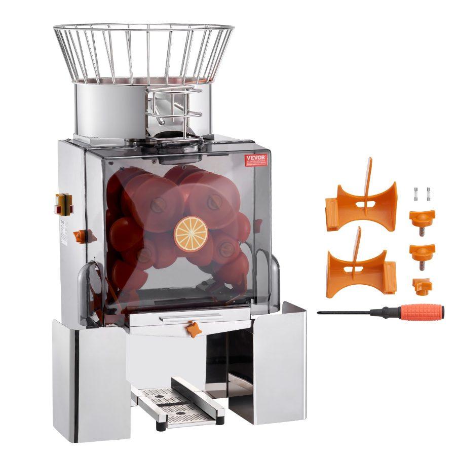 VEVOR Commercial Orange Juicer Machine, 120W Automatic Feeding Juice Extractor, Stainless Steel Juice Extractor for 25 Oranges Per Minute, with Pull-Out Filter Box, PC Cover, 2 Peel Collecting Buckets
