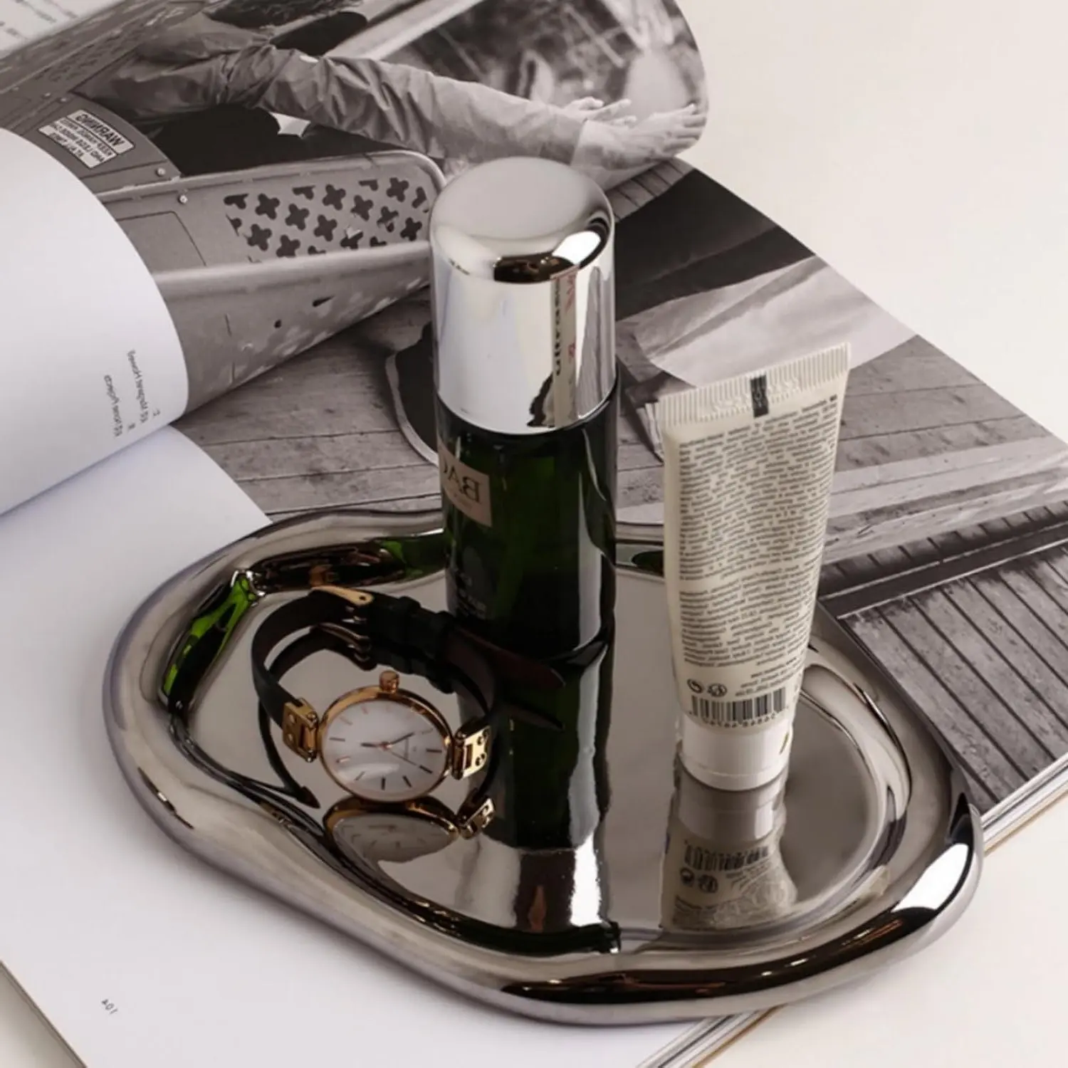 Decorative Ceramic Vanity Tray, Silver Jewelry Dish for Bathroom, Irregular Makeup Storage Plate, Long Home OrganizerGift