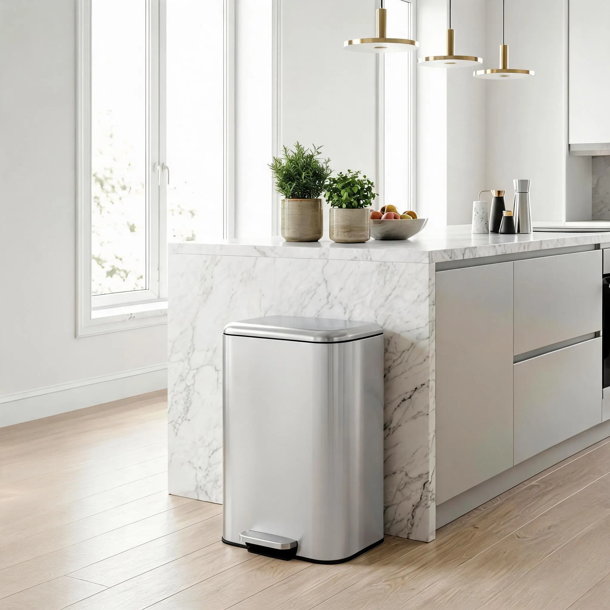 Stainless Steel Step Trash Can Available in 50L 13 Gallon / 30L 8 Gallon, Rectangular Hands-Free Bin with Soft-Close Lid, Removable Inner Bucket, Fingerprint Resistant & Non-Slip Base for Kitchen Bathroom Office