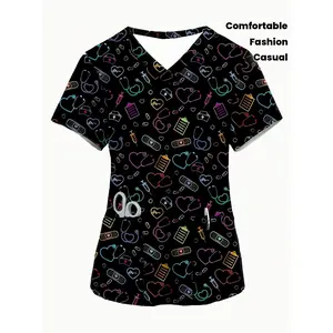 [Stylish| Cartoon] Stylish Women's V-Neck Top| Cartoon Short-Sleeve Nurse Uniform| Casual Comfortable with Pockets
