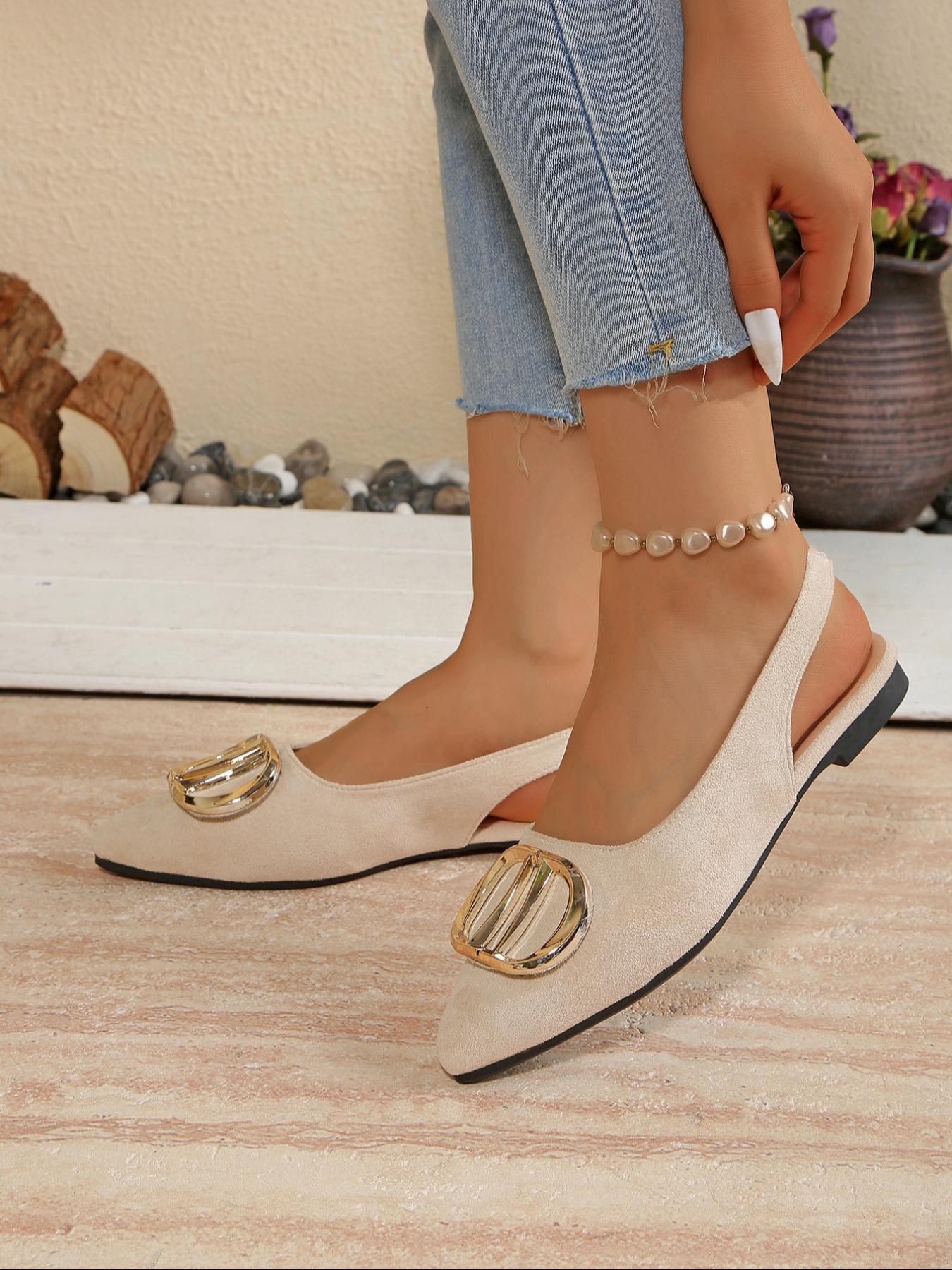 Women's Fashionable Pointed Toe Flat Shoes, Metal Buckle Decor, Slip-On Casual Sneakers, Perfect for Dresses & Pants