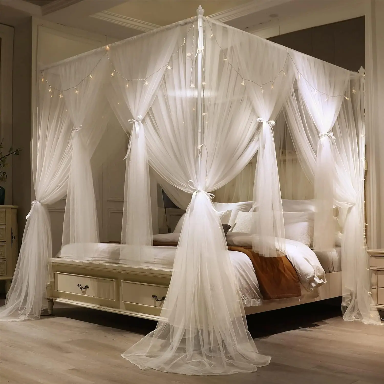 4 Corners Post Princess Bed Canopy Curtain Double Layer Cozy Drape Netting 4 Opening Mosquito Net for Girls & Adults Bedroom Decoration Accessories (Double White, 64" W*82" L*82"*H/(Queen))