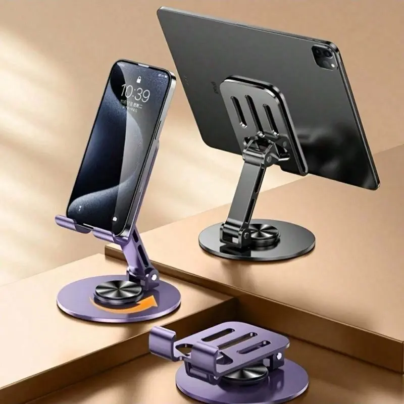 Full‑Metal 360° Rotating Phone & Tablet Stand, Universal Fold‑able Cell Phone Holder, Adjustable Lazy Desktop Mount Bracket