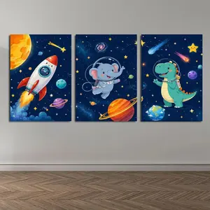 Kids Space Animal Triptych Canvas Wall Art, Rocket Elephant Dinosaur Planet Poster Set for Nursery Boys Bedroom Playroom Classroom Decor, Available as Unframed Canvas Poster or Framed Canvas Wrap