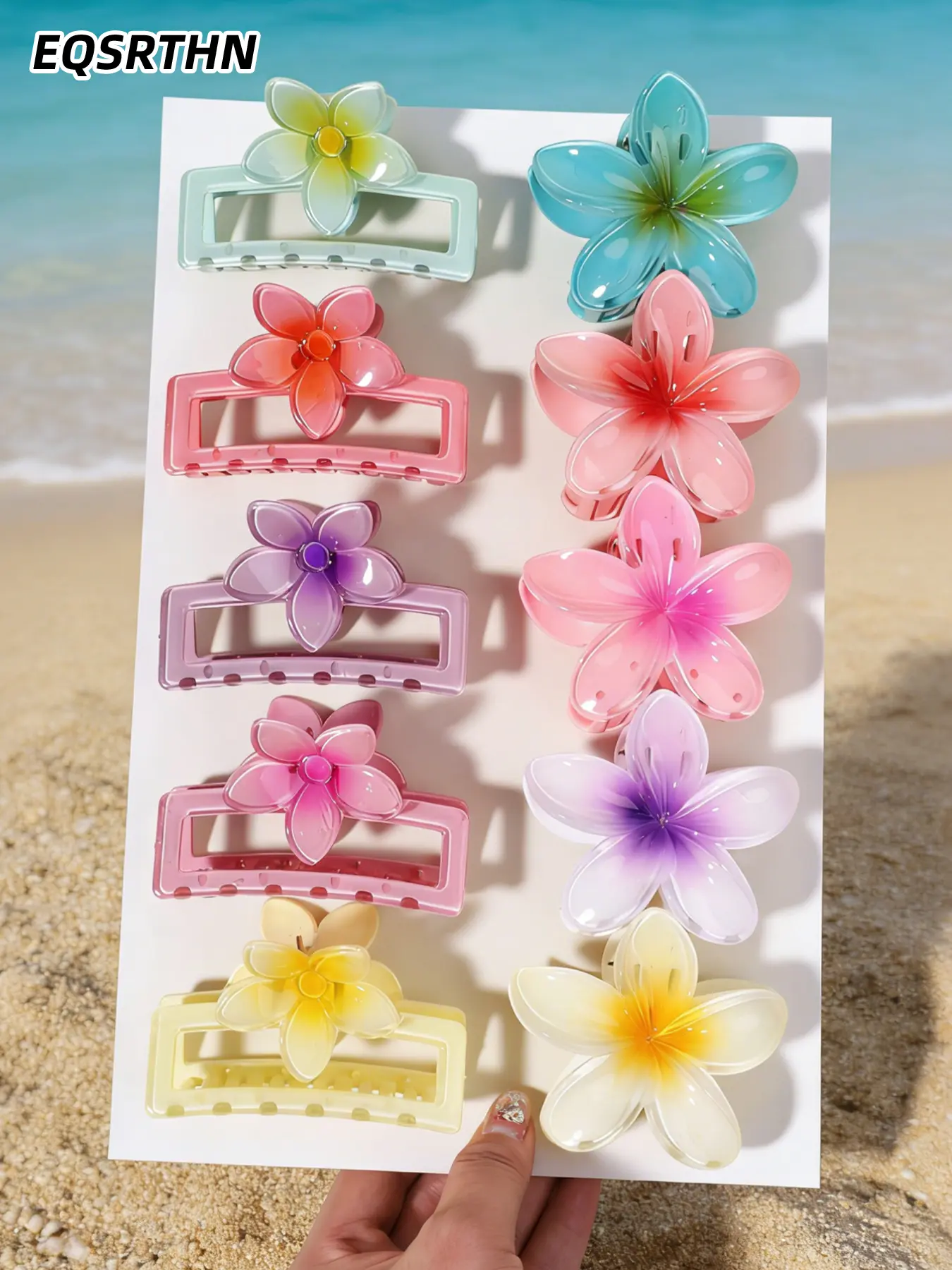 10Pcs Summer Hawaiian Flower Hair Claw Clips, Large Nonslip Plumeria Floral Matte Hair Catch Barrette for Women, Tropical Beach Vacation Hair Accessories, Elegant Daily Headwear Set, Barrettes Hair Clips