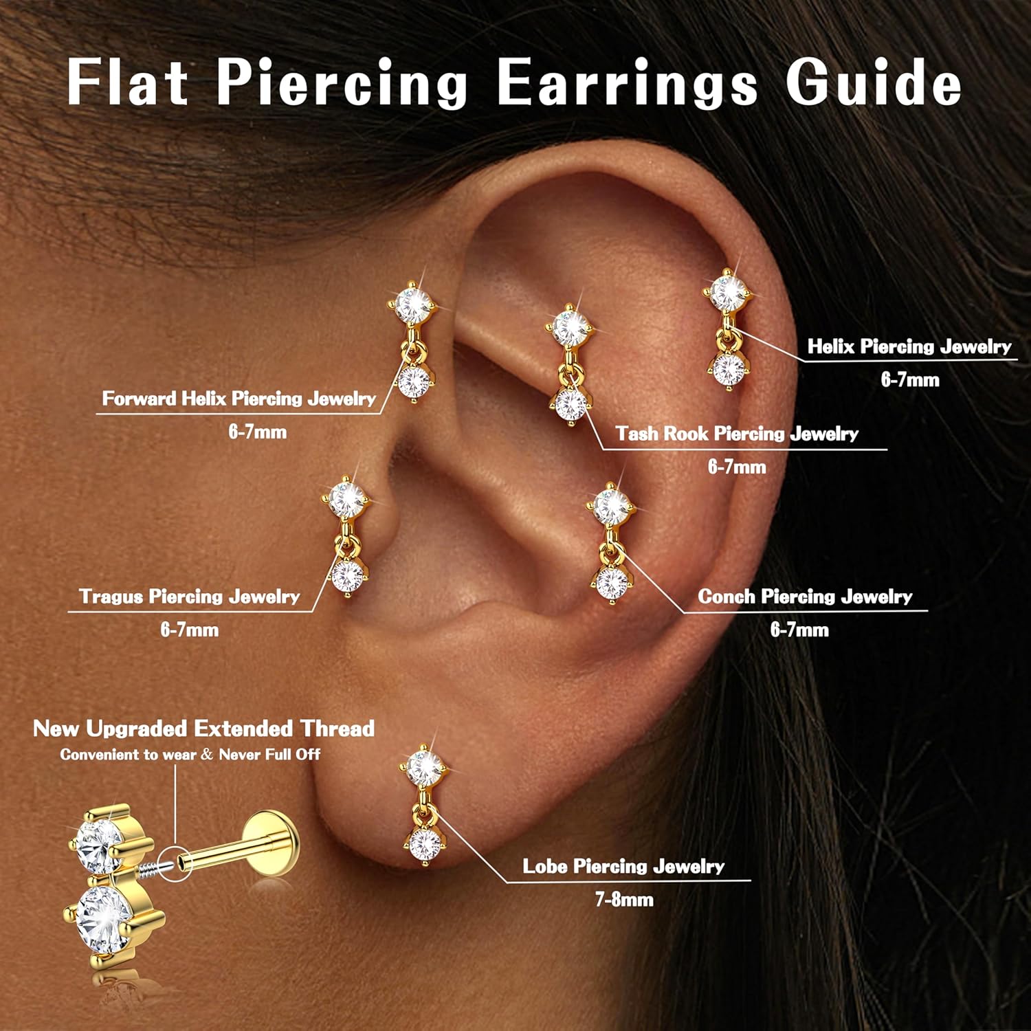 3 Pairs Flat Back Earrings Studs 18G-Hypoallergenic Cartilage Earring Sets for Multiple Piercing-Minimalist CZ Birthstone Drop Dangle Earrings Internal Thread Flatback Earring Stacks for Conch Tragus Helix Piercing Jewelry