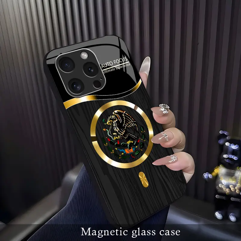 For【iPhone 16 Pro】Phone Case, Mexican Eagle Ethnic Totem Phone Case, Vintage Latin Culture Print Design, Shockproof & Wear-Resistant Protective Cover, Magnetic Charging Glass Case, MagSafe，Unisex Ethnic Style Phone Case.-XS9527