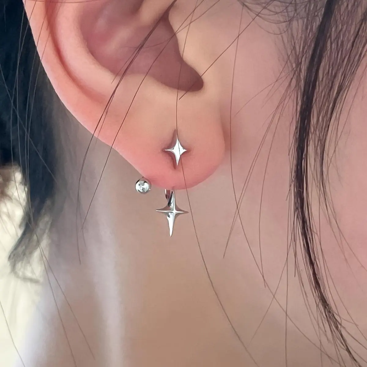 Gold & Silver 4 Point Star Ear Jacket Earrings For Women, Unique CZ Celestial Stud Drop Dangle Earrings, Elegant Light Luxury Designer Jewelry, Durable Stylish Accessory For Daily Party Wedding Festival, Perfect Gift For Her