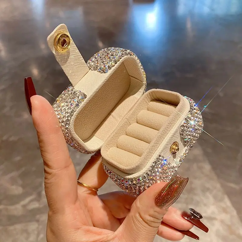 Glam Rhinestone Jewelry Case, Compact Travel Organizer for Women's Rings and Earrings, Portable Luxury Box, Leather, Rectangle, Earring Holder Organizer, 0181 Diamond-Encrusted Leather Jewelry Box 1Pcs, Boxes, Rings For Women
