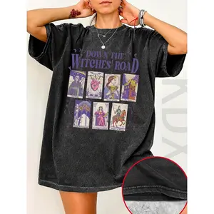 Men's Unisex Casual Baggy Vintage Washed Oversized Short Sleeve T-Shirt, Down The Witches Road Tarot Cards Mystic Witch Graphic, Gothic Occult Witchy Streetwear for Women, Ladies