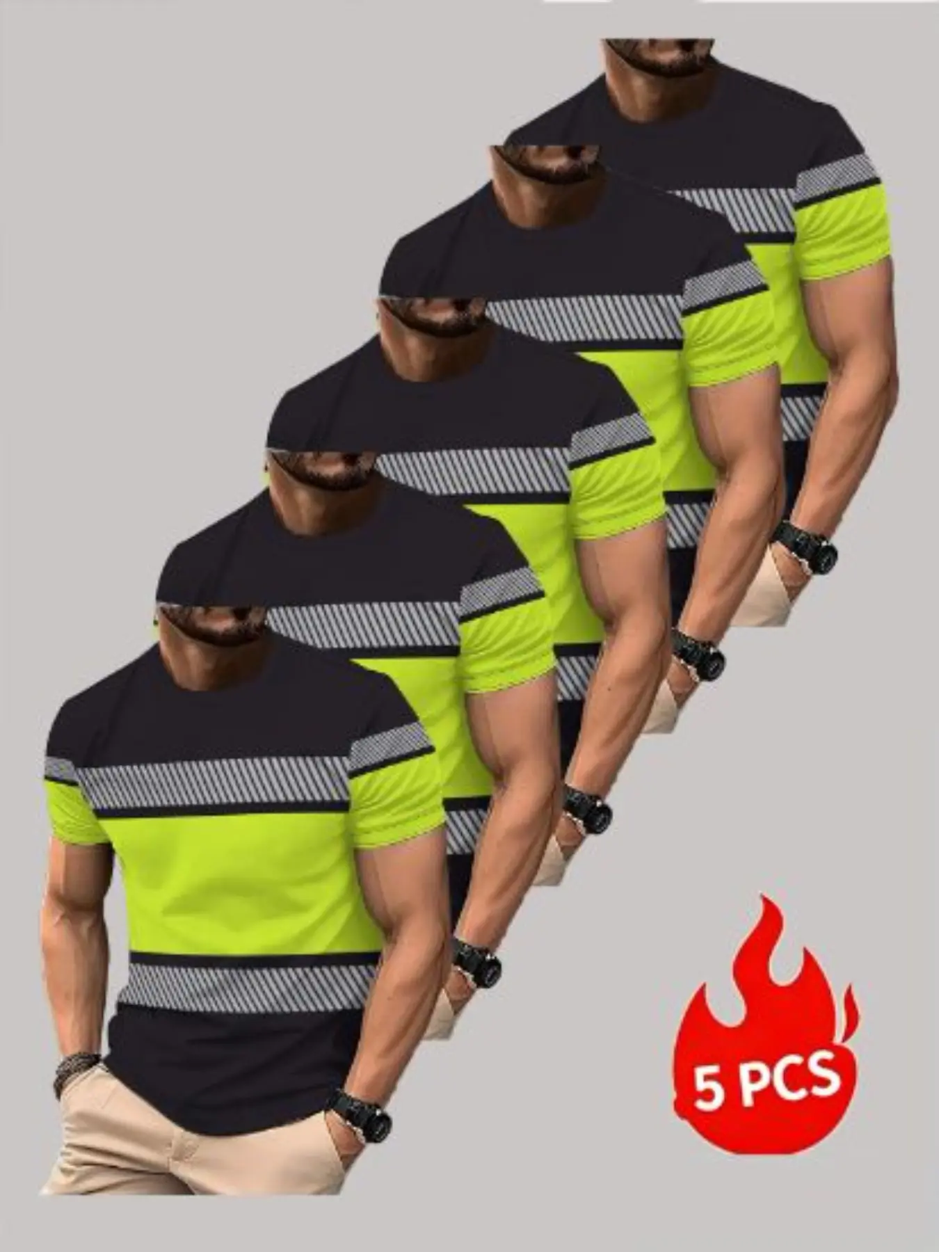 5-Pack Men's Fluorescent Striped Round Neck Short Sleeve T-Shirts, Casual Print Tee, Summer Outdoor Workwear, Slim Fit, All over Print, Non-Reflective