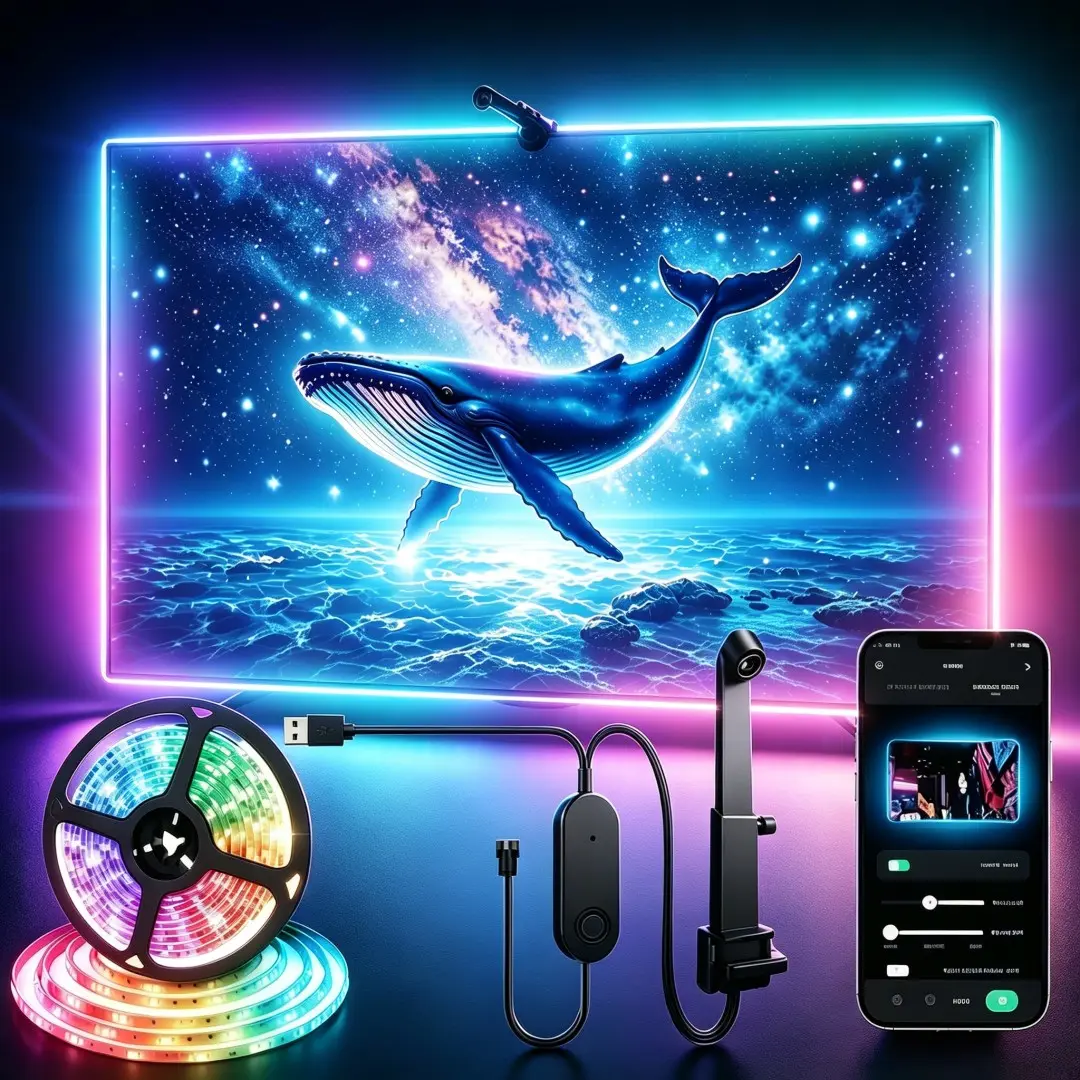 LED Backlight Strip with Camera for 32-85 Inch Screens, 13 Feet RGB Sync Light, Smart APP Control, USB Powered, Led Tv Lights