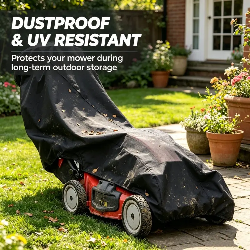 Waterproof and dustproof lawnmower cover, outdoor push lawnmower protective cover, thickened Oxford cloth, rainproof, sunproof, snowproof, adjustable drawstring, durable garden storage cover, cover only.