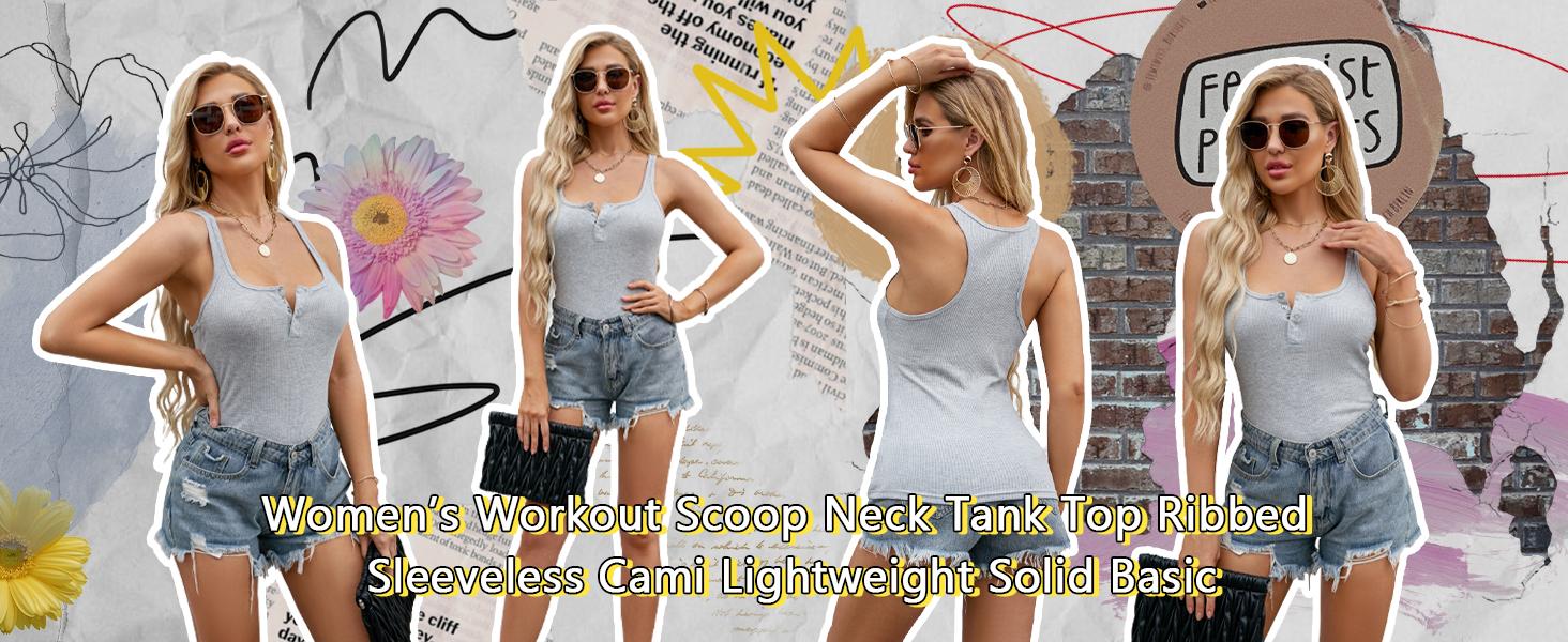 FMEYOA Women’s Workout Scoop Neck Tank Top Ribbed Sleeveless Cami Lightweight Solid Basic