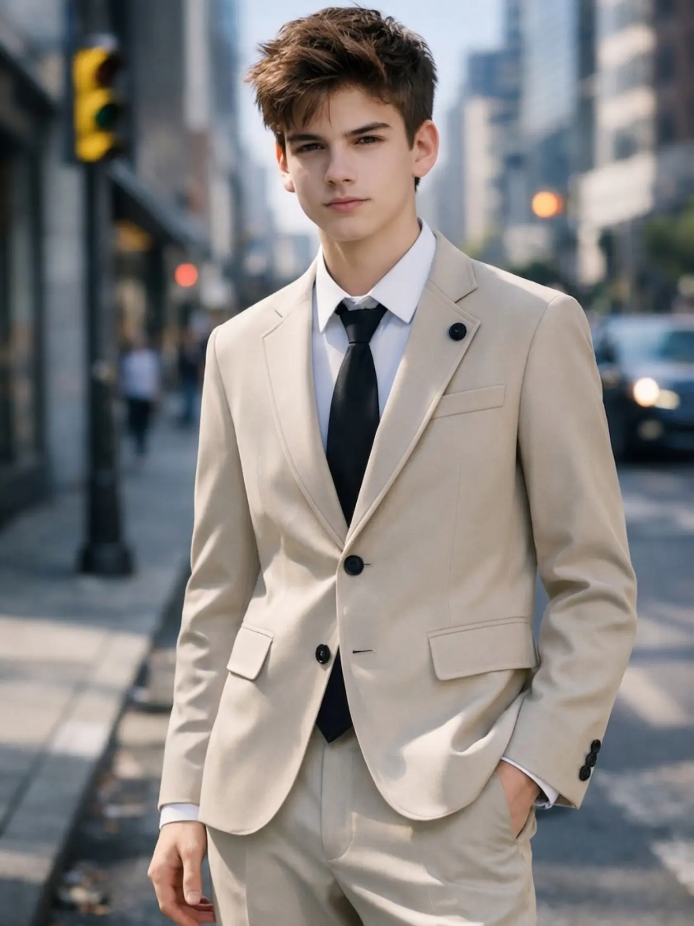 Teen Boys Beige Slim Fit Suit 2-Piece | Lightweight Summer Formal Wear for Wedding & Graduation | Back to School Blazer Pants Set with Pockets