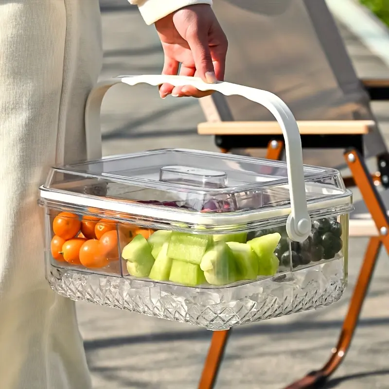 [1pc Vegan Salad Box] 1pc Transparent Vegan Salad Lunch Box with Handle | Food-Grade Large Container Storage Tray for Fruits, Vegetables, Salads, Party Fruit Snack Cake Icebox and Divided