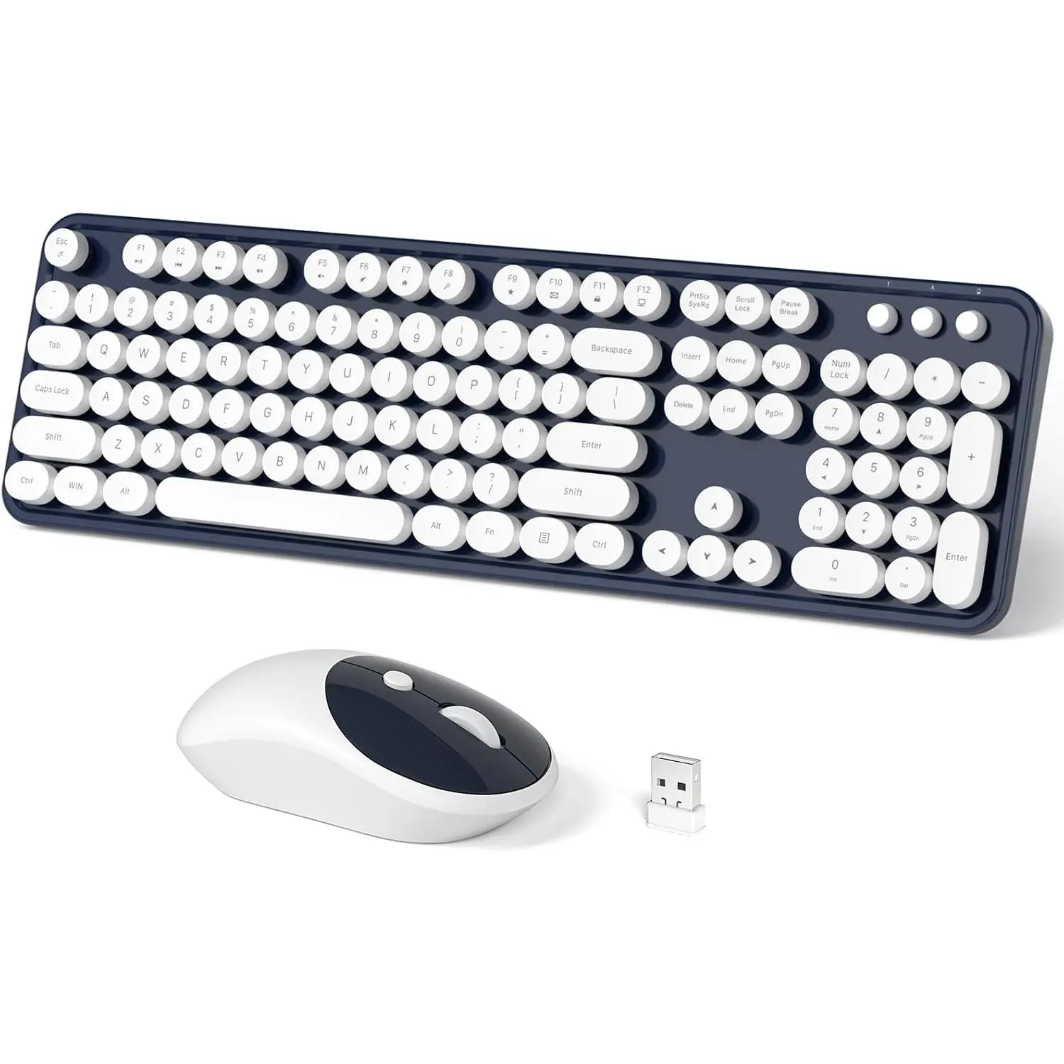 Retro 104-Key Full-Sized Wireless Keyboard & Mouse Combo, 2.4 GHz USB Keyboard with Receiver, Plug-and-Play for PC/Laptop (Dark Blue)