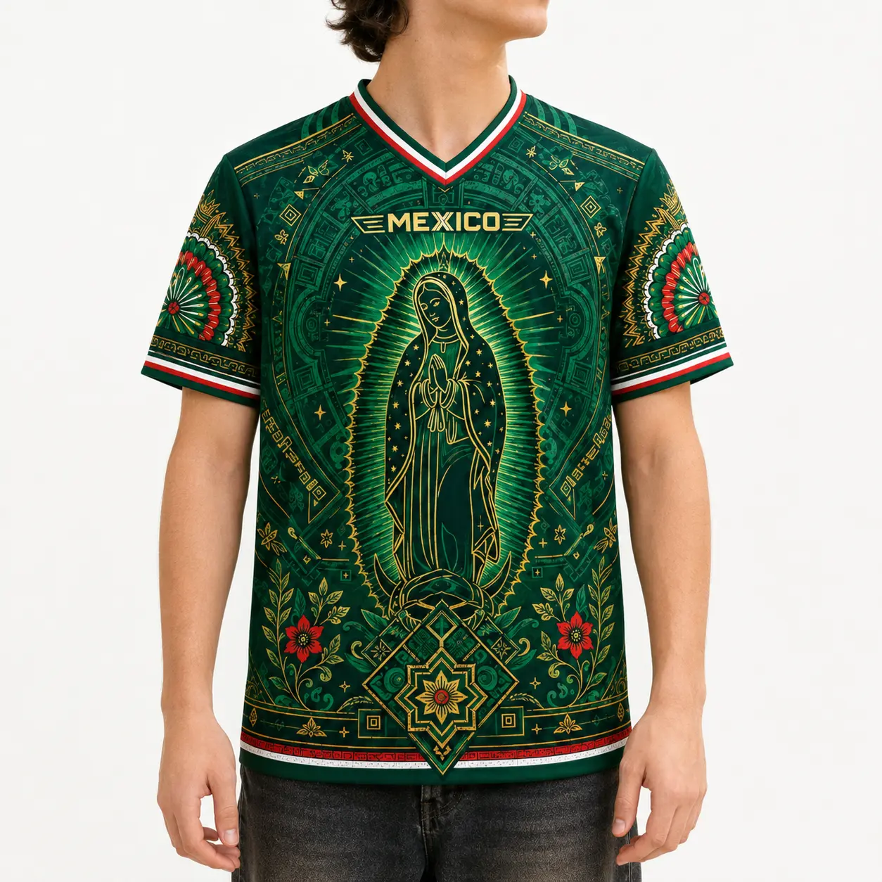 Mexico Guadalupe Graphic V Neck Jersey for Men Women, Green Gold Aztec Calendar Print Soccer Fan Shirt, Lightweight Polyester Game Day Streetwear Top,clothes，men's wear，men fashion，summer men clothes，fashion men clothes