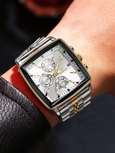 A men's multifunctional square business steel strip fashionable three eye six pin quartz watch