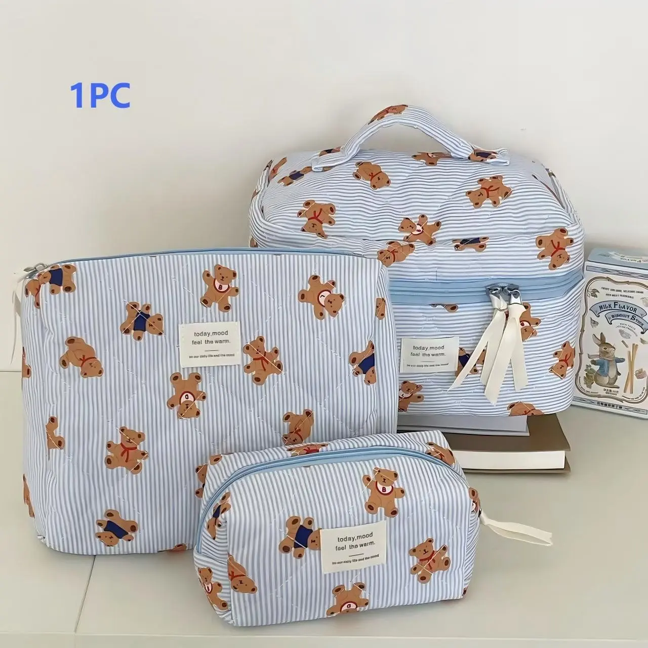 Blue Striped Bear Cosmetic Bag, Multiple Sizes Available, Cartoon Girl Heart Design, Portable Large Capacity Quilted Washbag, Cosmetic Storage Bag