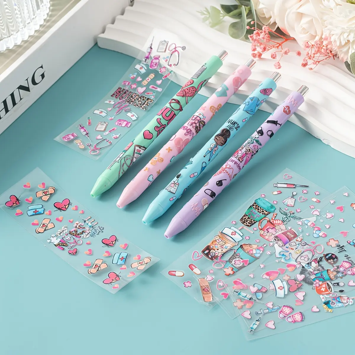 20pcs/ 40pcs Plastic Ballpoint Pen and Nurse UV DTF Pen Wraps Set for Appreciation Gifts Labor and Delivery Assistant Student Coworkers