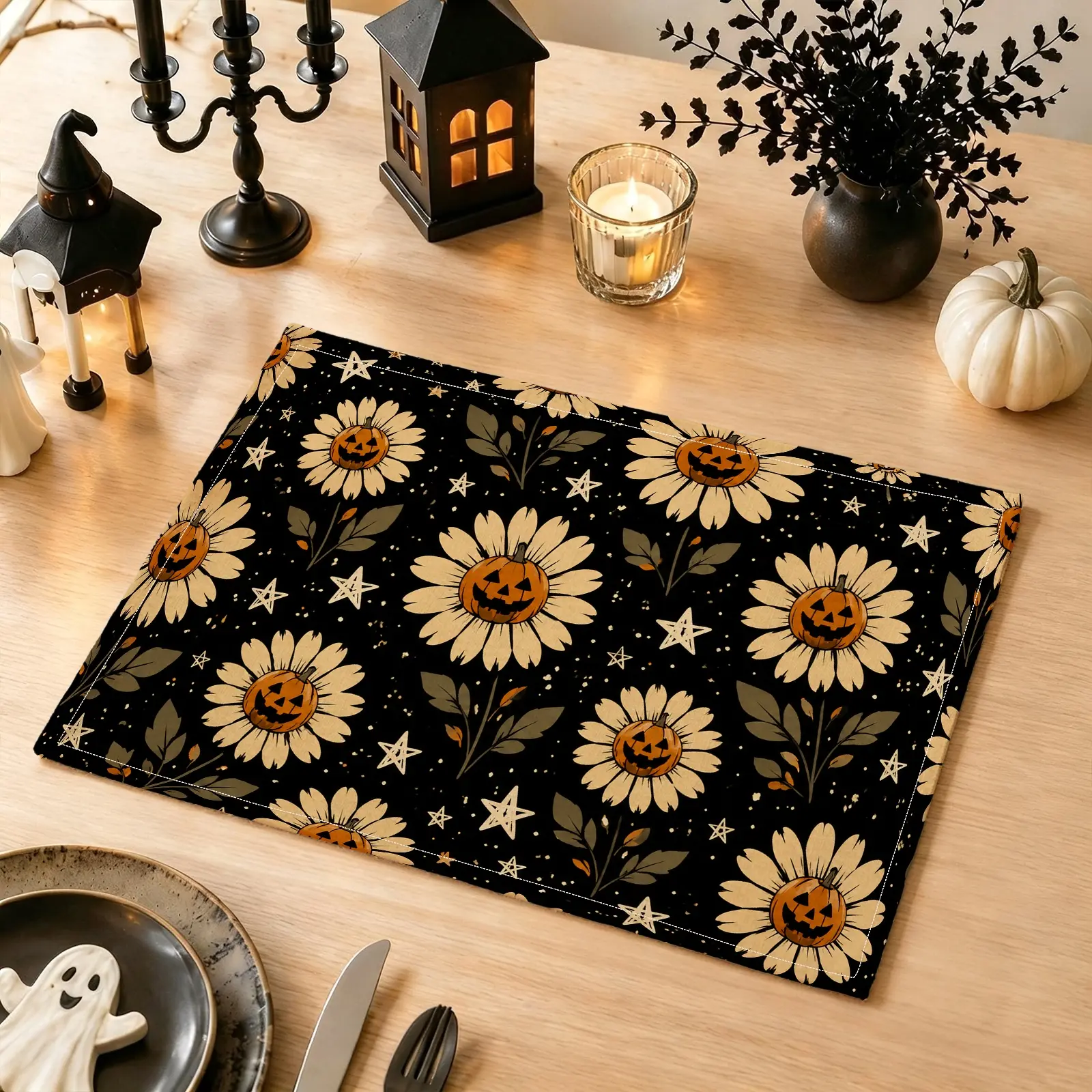 4/6pcs Pumpkin Daisy & Star Placemats, Cute Halloween Style for Dining Table, Kitchen, Halloween Party & Home Decor, Halloween Gifts, Party Decoration