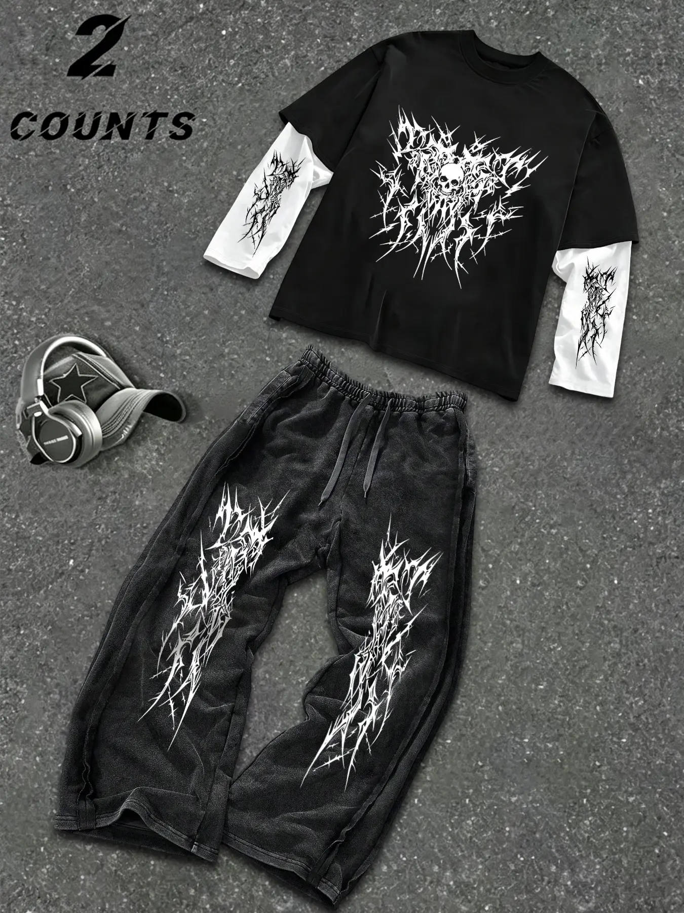 Men's Two-Piece Set, Thorn Skull Metal Letter Long Sleeve + Distressed Wide-Leg Sweatpants, Punk Street Style, Rock Skatewear, Streetwear