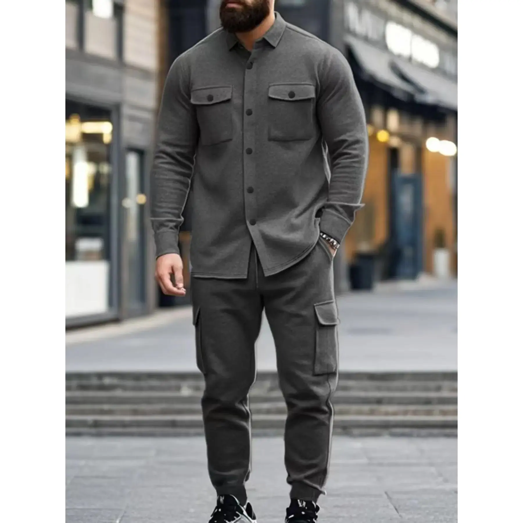 fall outfits,Men's autumn and winter retro style black Friday bestseller thick workwear set, lapel shirt jacket + multi-pocket workwear pants, simple and stylish, casual and trendy matching.