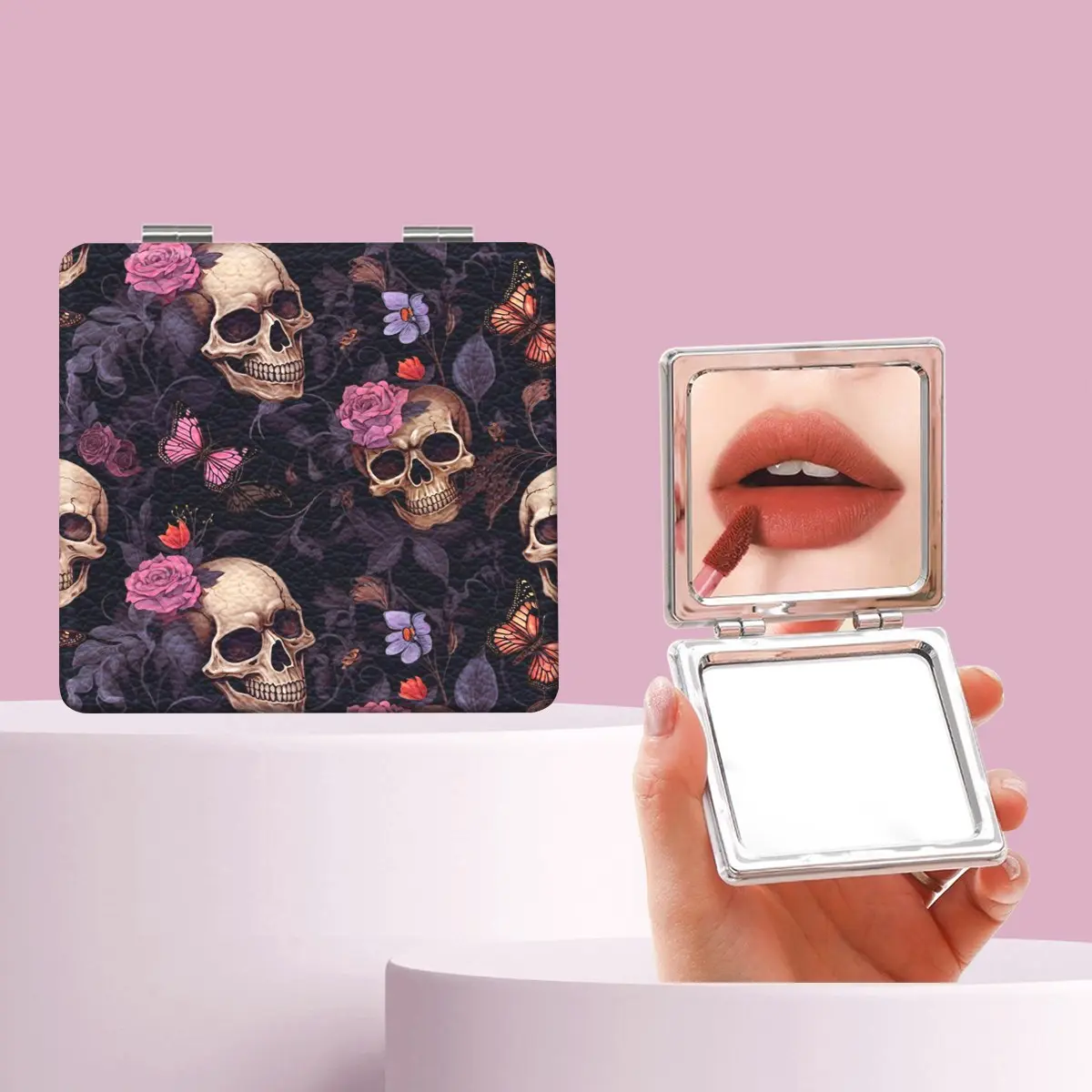 Gothic Rose Butterfly Skull Makeup Mirror, Foldable Mini Handheld Mirror, Perfect Gift for Sisters, Friends, Girls, Weddings, Holidays