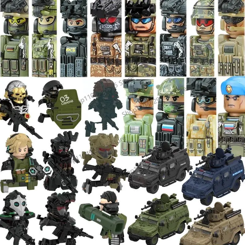 WW2 Military Soldier Figure Building Block Special Forces SWAT Character Shield Helmet Gun Accessories Armored Vehicle Brick Toy