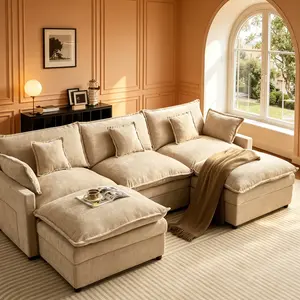 [2 Packages Shipping]108" U-Shaped Modern Sofa Modular Sectional Cloud Couch with 2 Ottoman, Comfy Chenille Deep Seat Sofa Bed with 5 Pillows for Living Room, Bedroom and Apartment, 5-Seater