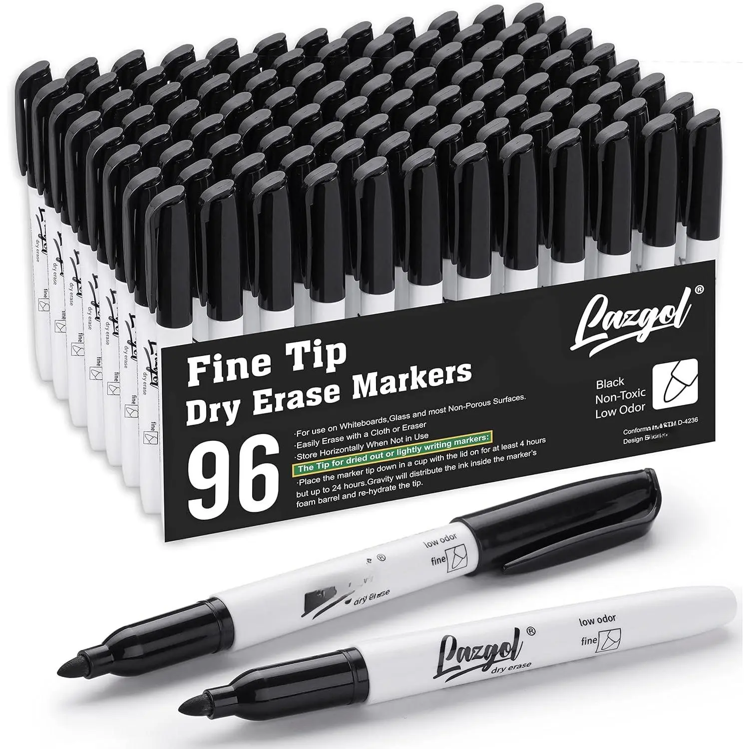 Dry Erase Markers Bulk, 96 Pack Fine Point Tip Black Dry Erase Markers, Low Odor Whiteboard Markers for  to School, Office, , Work  White board & Calendar, Refrigerator.
