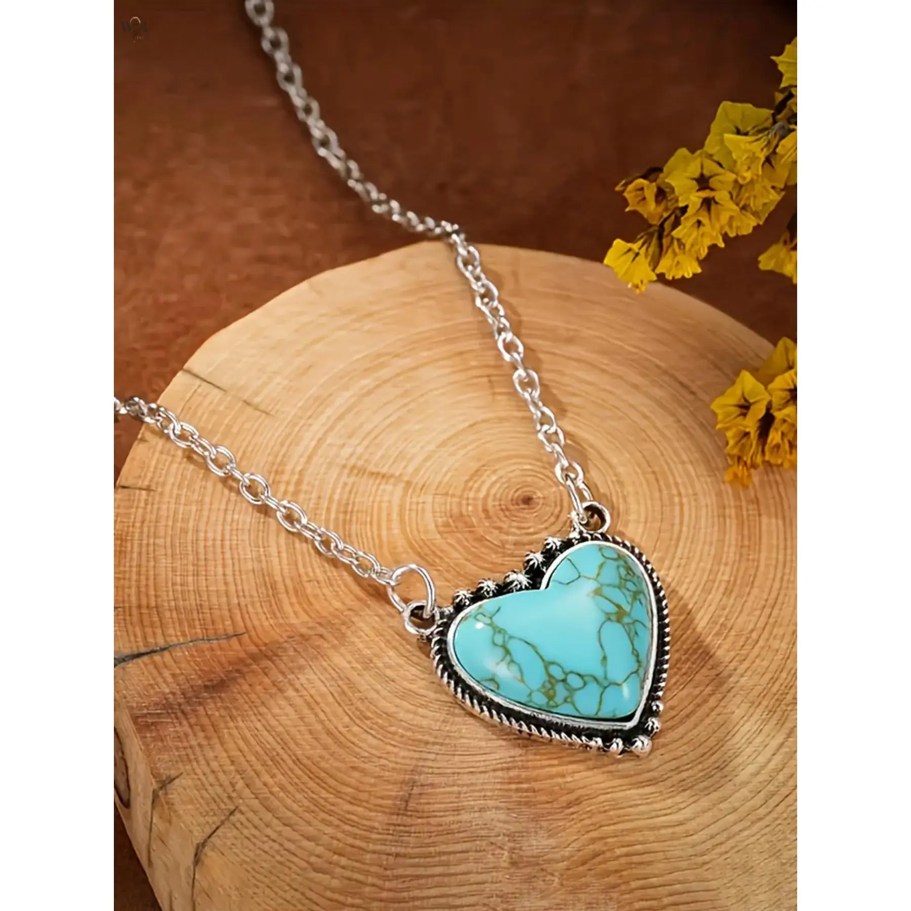 Western Vintage Silver Heart Turquoise Pendant Necklace, Natural Veined Blue Turquoise Heart Charm Chain, Boho Country Cowgirl Adjustable Neck Jewelry Gift for Women