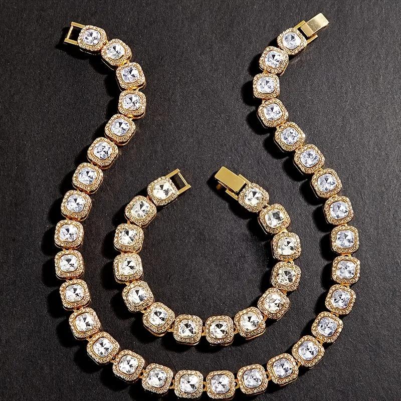 12mm Ice Cube Square Tennis Chain Long Stick Long Stick Chain Cubic Zircon 1 Row Cluster Artificial Diamond Tennis Necklace Bangle Hip Hop Jewelry for Men Women