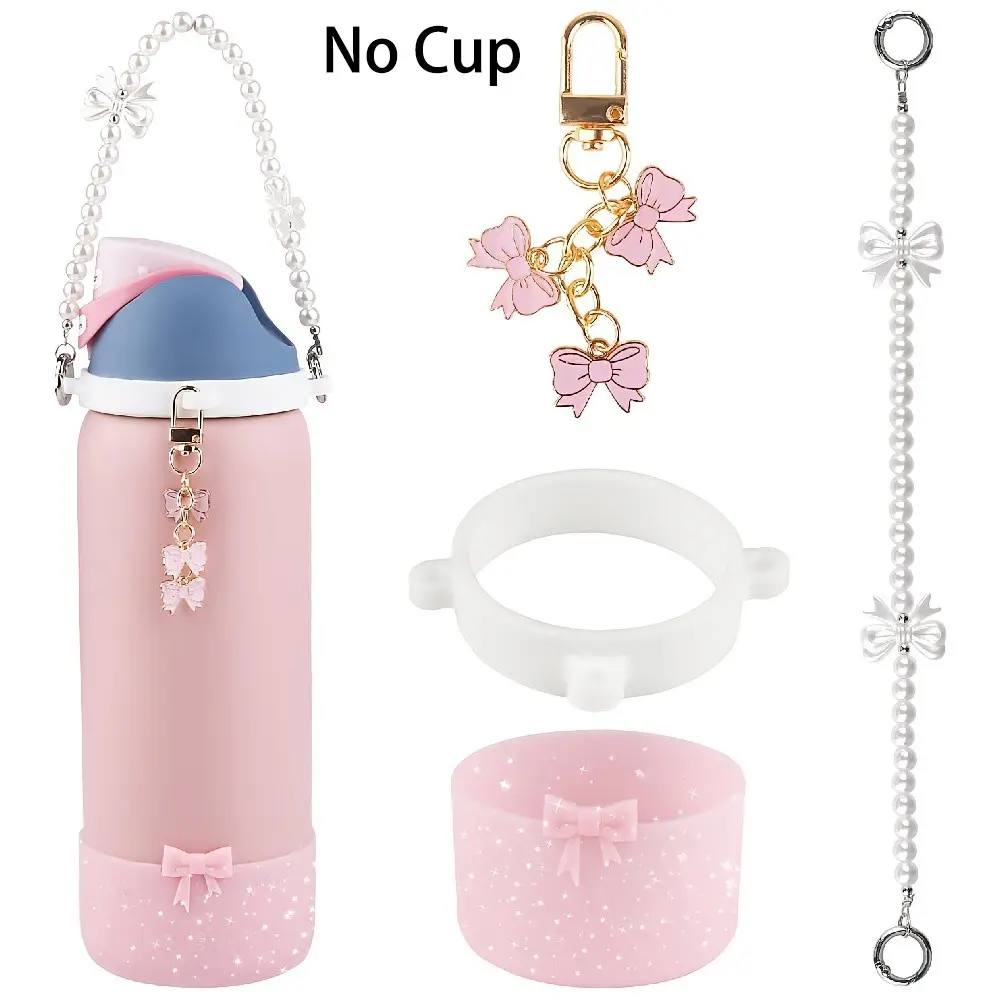 4pcs Water Bottle Drinkware Accessories Set for 16oz, 19oz, 30oz, 40oz Tumbler, Pearl Handle Strap, Bow Charms, Silicone Bling Bow Cup Boot for Women