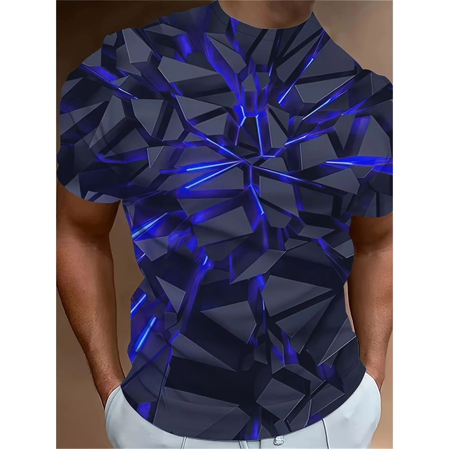 Men's 3D Geometric Graphic T-Shirt, Blue Black Abstract Armor Print Tee, Short Sleeve Crew Neck Summer Shirt for Men, Lightweight Casual Streetwear Top, Cool Futuristic Fitness Tee, Festival Outfit, Vacation Wear, Unique Gift for Men Daily Wear Top