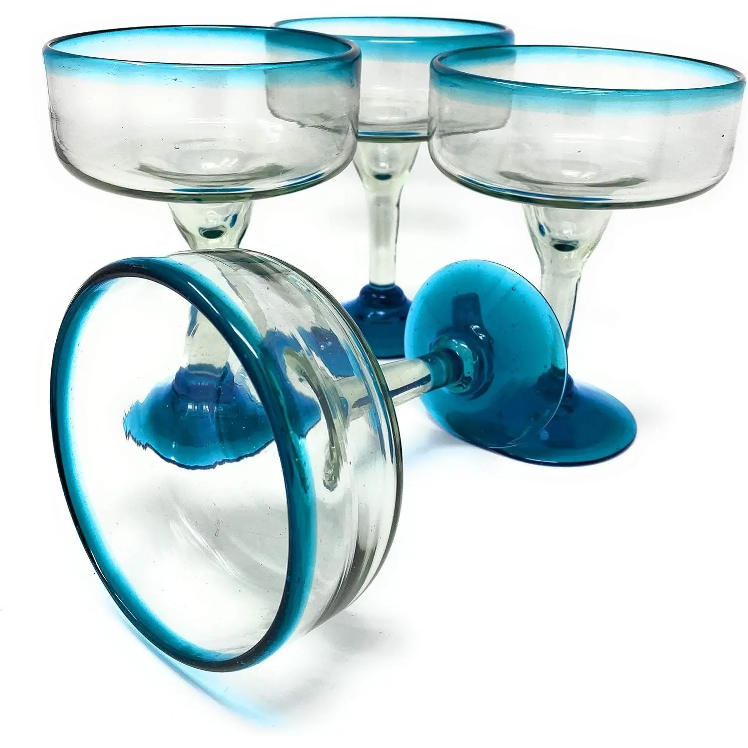 Mexican Hand Blown Margarita Glasses Set of 4, 16 oz Cocktail Glasses with Aqua Blue Rims