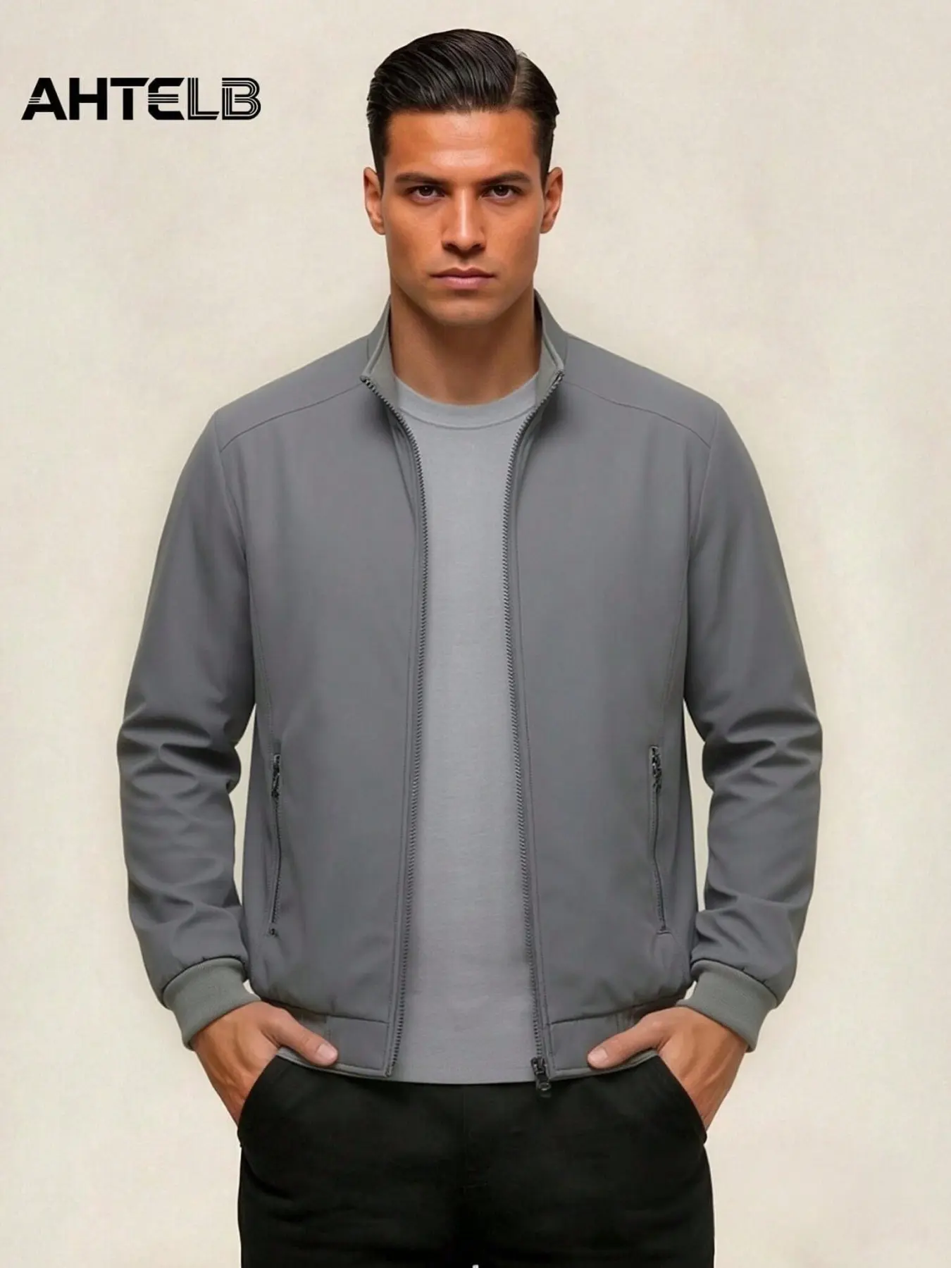 Ahtelb Men's Spring Summer Stand Collar Jacket, Fashion Casual Solid Color Coach Jacket, Simple Versatile Flip Collar Outerwear