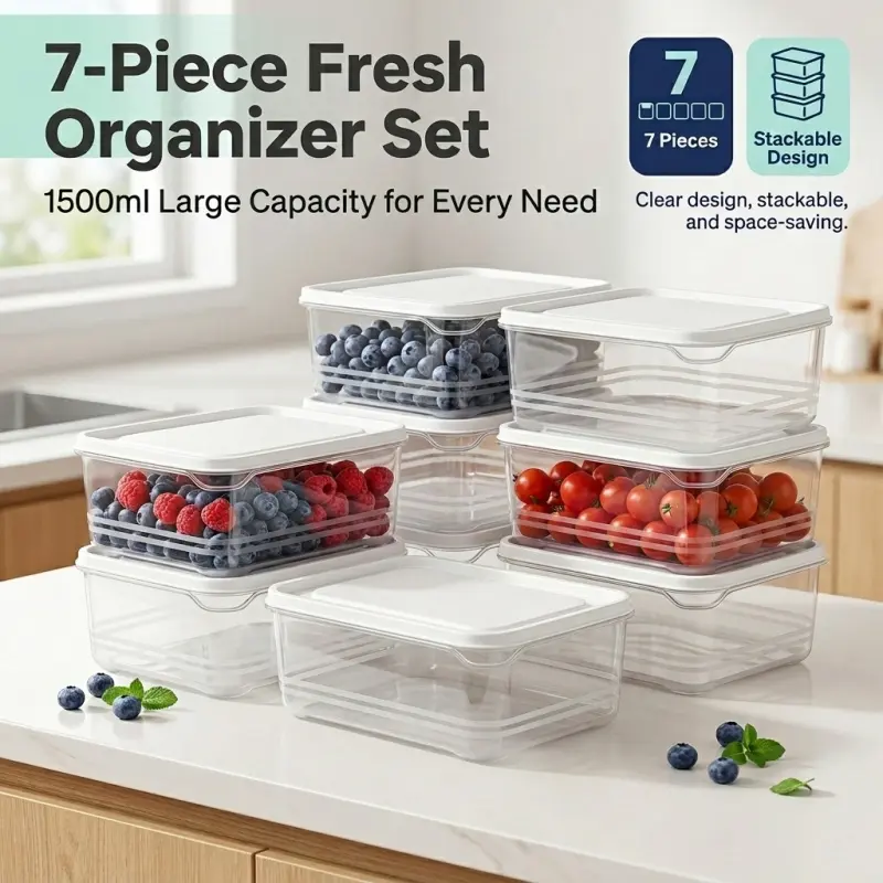 7 Pack 1500ml Clear Stackable Food Storage Containers With White Lids Fridge Organization Large Capacity Leakproof Fridge Organizer BPA Free Plastic Fruit Vegetable Meal Prep Storage Boxes For Kitchen Pantry Refrigerator
