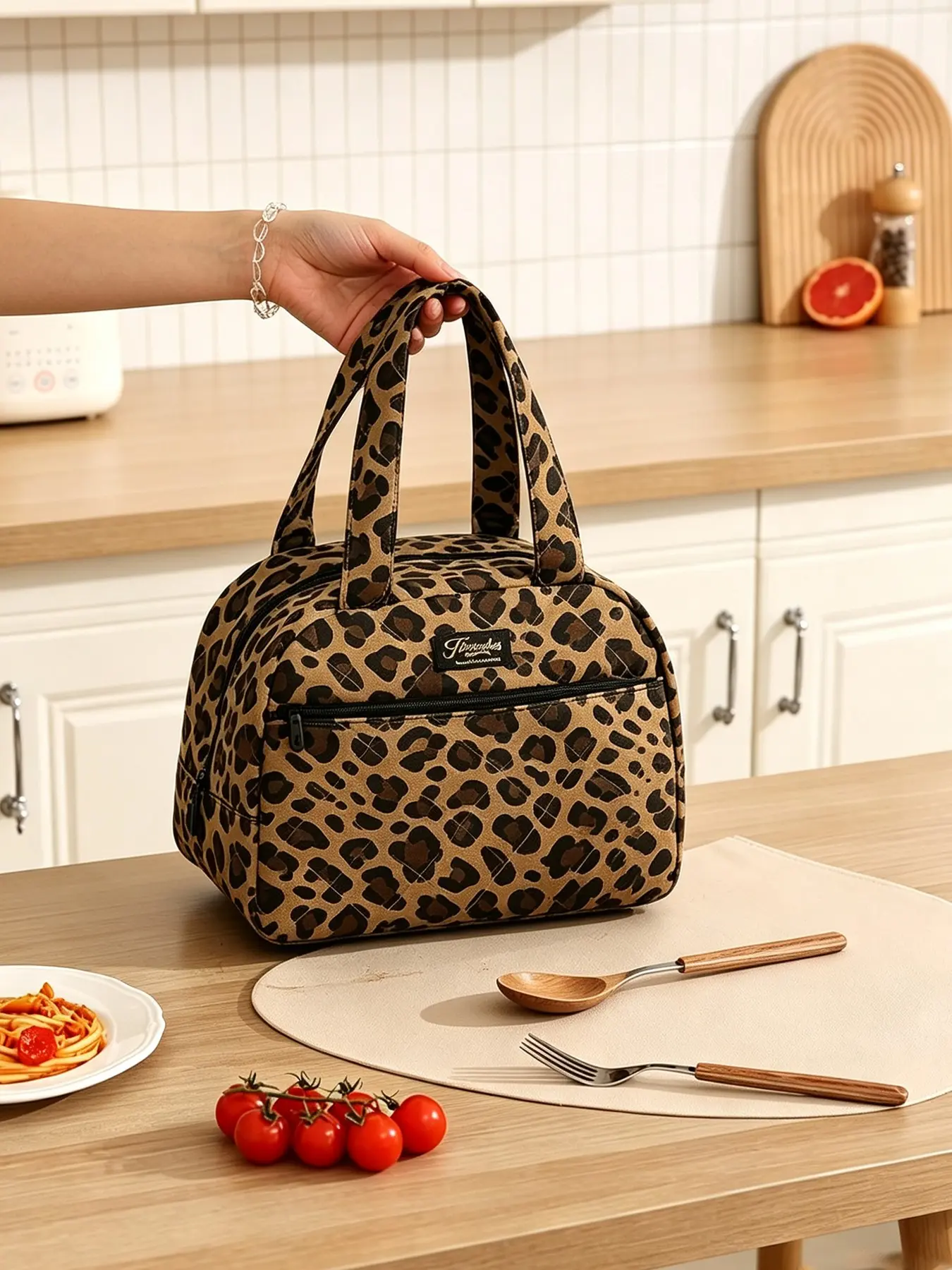 1 piece vintage leopard print quilted thermal lunch bag, portable hand-held waterproof cold-retaining and heat-insulated bag, suitable for professional women for office use and picnics Insulated Lunch Bags