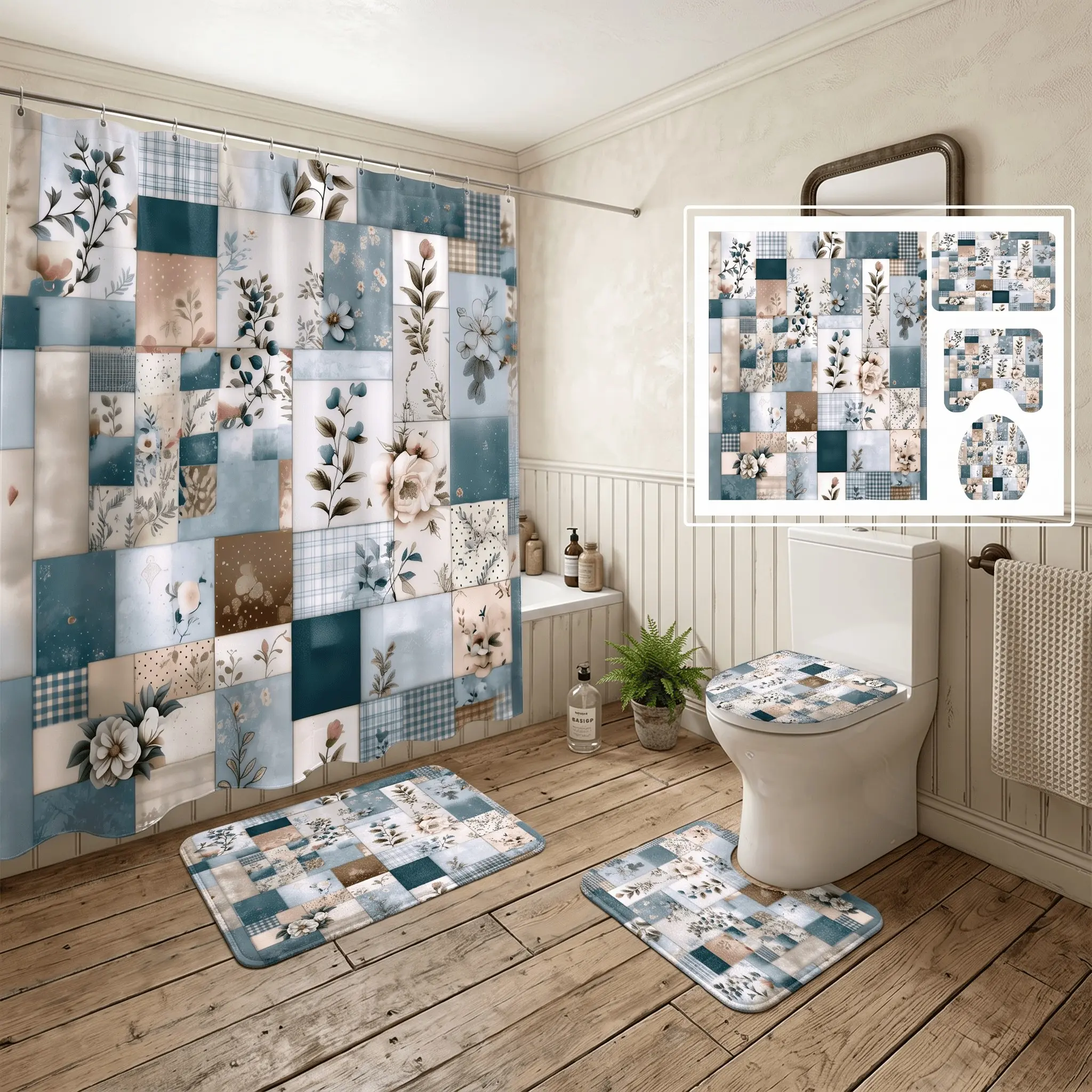 4pcs Vintage Blue Patchwork Floral Shower Curtain Set, 4 Piece Bath Mat, The floor mat fabric is thicker and softer! Soft Botanical Flower Plaid, Home Bathroom Decor for Spring Easter