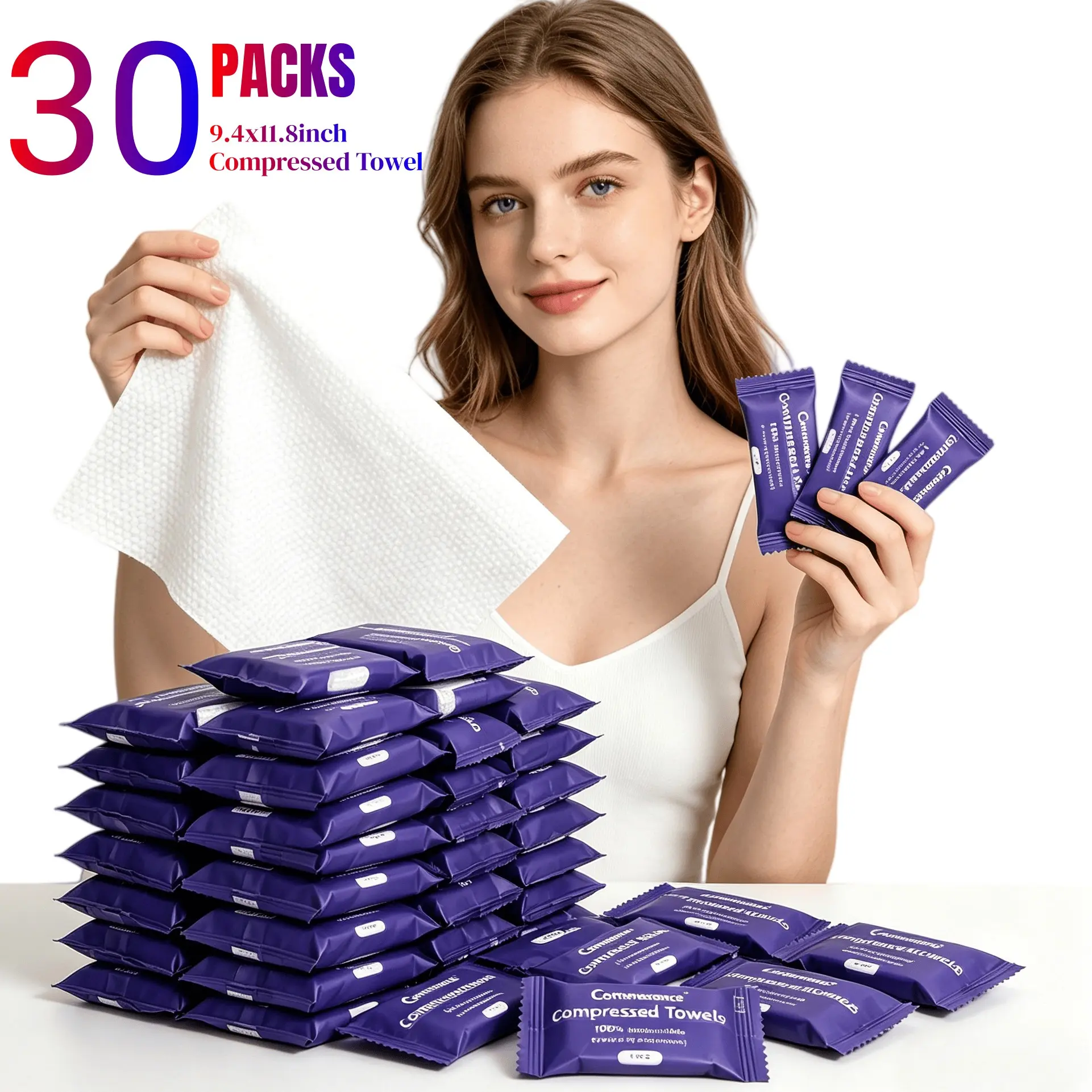 Compressed Towel Tablets, Disposable Coin Tissue for Travel, Portable Clean Facial Towels 9.4x11.8 Inch, Soft Durable Compressed Towels for Camping Outdoor On The Go (30/60/90/120 Packs)