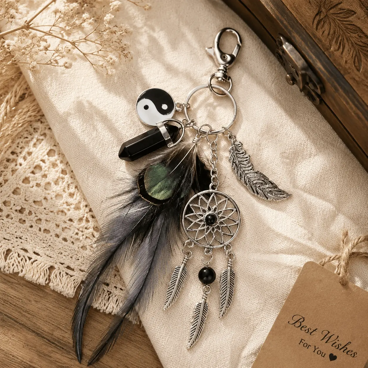 Handmade Dreamcatcher Keychain with Feathers and Tassels, Bohemian Style Accessories for Bag Charm Decor, Native American Inspired Keyring