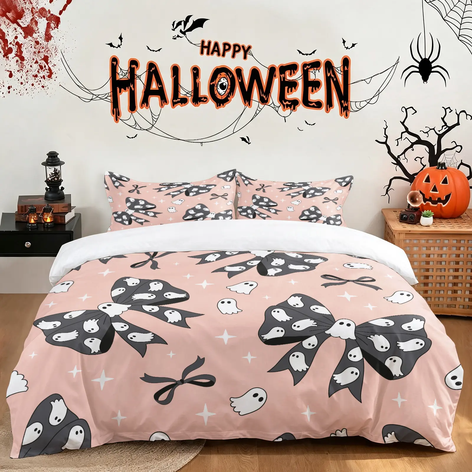 Kawaii Halloween Ghost Bow Themed Print Fitted Sheet Set, 1 Fitted Sheet & 2 Pillowcases, Pastel Pink Cartoon Ghost Black Bow Bed Set All Size, Pastel Girls Halloween Bedspread, Soft Microfiber Bedding For All‑Season Bedroom Decor Gift
