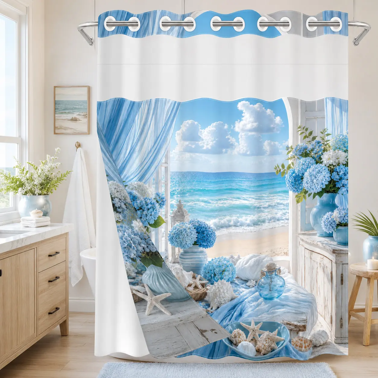 1PC 2D Flat Blue Hydrangea, Ocean Beach, Seashell & Starfish Pattern Double-Layer Woven Boho Shower Curtain, No Hooks, Transparent Top Window, Removable Snap-On Liner, Coastal Cottage Bathroom Art Decor, Bathroom & Holiday Decoration