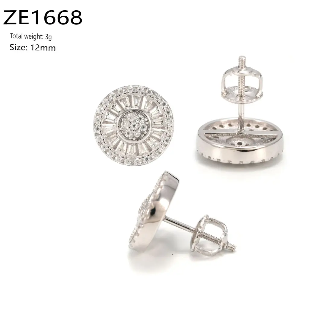 925 Silver Luxury Round Moissanite Long Rectangular Flower Stud Earrings - Premium Artificial Gemstone Jewelry Accessories