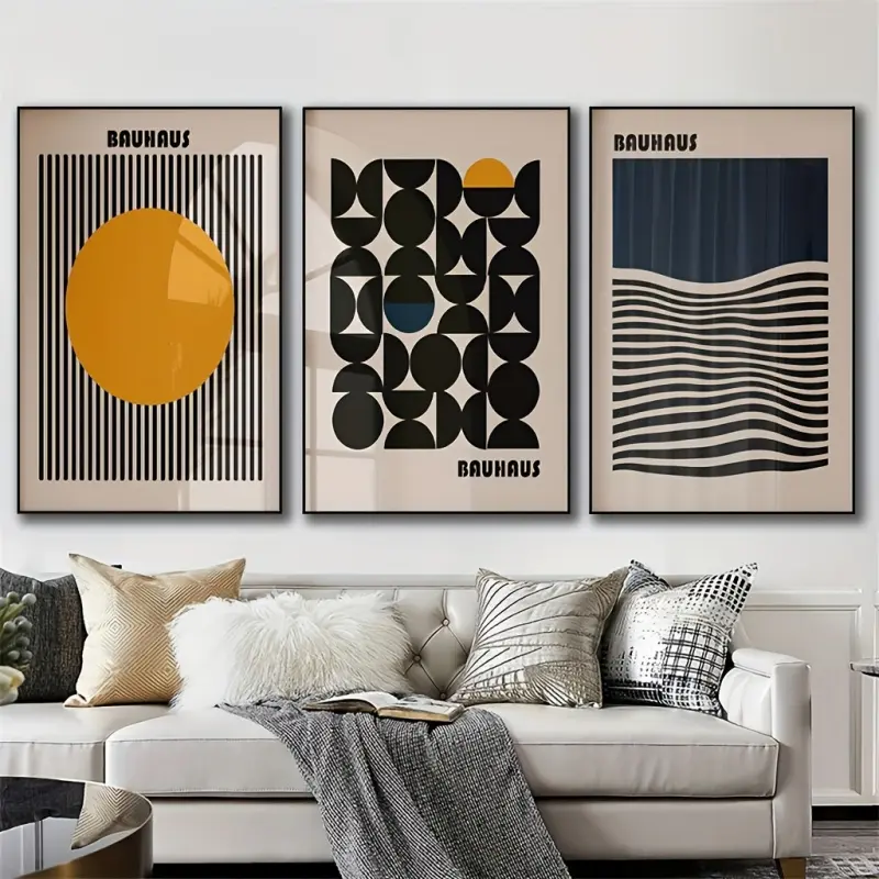 3-Piece Bauhaus Minimalist Frameless Canvas Wall Art Prints - Art Deco Geometric Shapes Home Supplies, Multi-Size Artwork Wall Decor for Home Office, Gift for Modern Space Enthusiasts, Statement Art